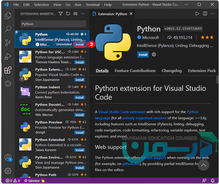 نصب Extension در Visual Studio Code